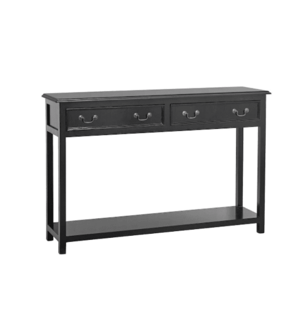 Et sort konsolbord af træ med to skuffer og en nederste hylde, sat mod en almindelig baggrund. Bordet har en rektangulær plade og en enkel, lineær ramme. Dette stykke eksemplificerer elegant designmøbler-æstetik.