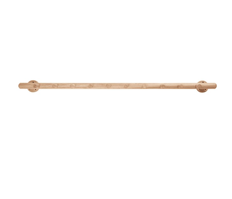 En balletstang af træ, der er fastgjort til en blank væg, med en glat finish og cirkulære vægbeslag i begge ender, viser elegant designmøbler-æstetik.