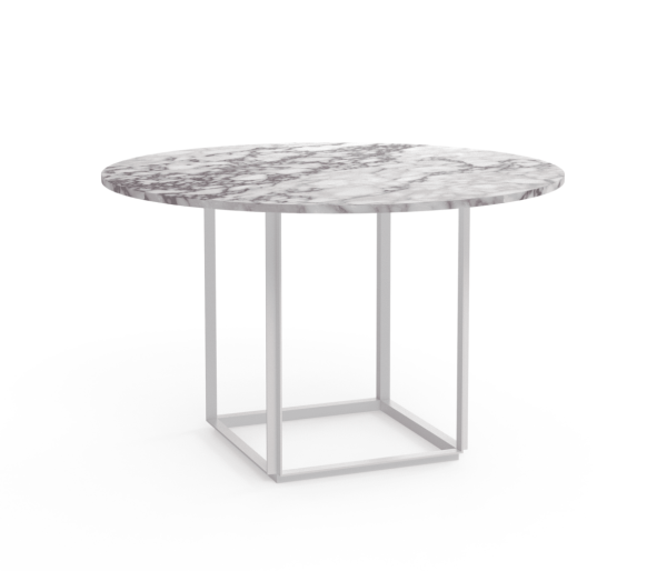 Et rundt bord med marmorplade og en enkel, geometrisk metalbund, gengivet i en 3D-illustration med en ren, hvid baggrund, passer perfekt til ethvert moderne designinteriør.