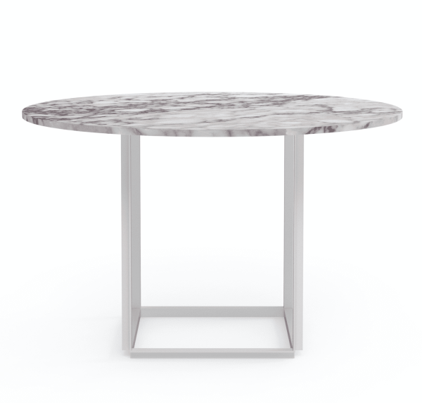 Et moderne rundt bord med en marmorbordplade og en minimalistisk hvid metalramme, isoleret på en hvid baggrund, med NEW WORKS - Lantern Globe Bordlampe.
