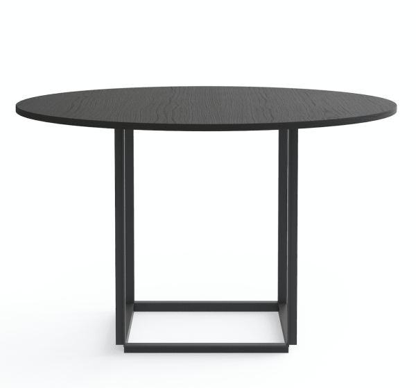 Et moderne cirkulært bord med en sort træplade og en minimalistisk TomorrowsDesign metalramme, isoleret på en hvid baggrund.