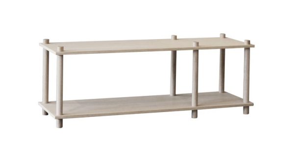 En enkel, minimalistisk møbleret tv-stander i træ med dobbelt hyldedesign, med en let træfinish og afrundede kanter.