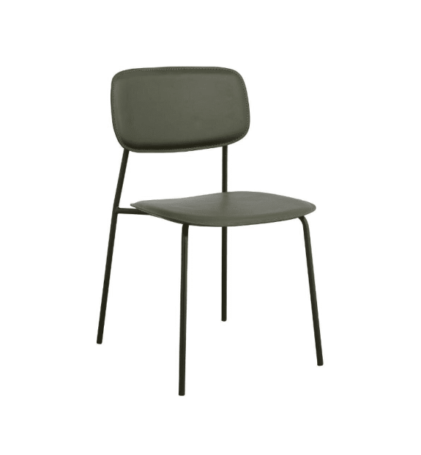 En moderne stol med minimalistisk design, med mørkegrå polstret sæde og ryglæn, monteret på et slankt, sort metalstel. Den overordnede stil komplementerer ubesværet moderne interiør-æstetik.