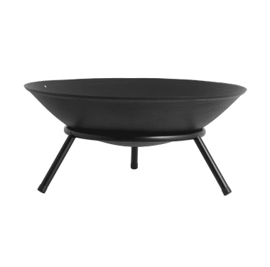En matsort, moderne bålfadsskål i metal på tre slanke ben, designet af TomorrowsDesign, isoleret på en hvid baggrund.