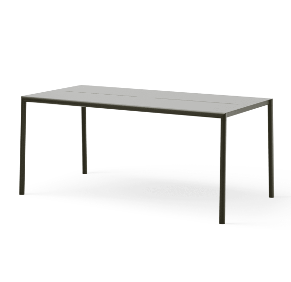 Et moderne, minimalistisk rektangulært bord med en grå overflade og tynde sorte metalben, designet af TomorrowsDesign, isoleret på en hvid baggrund.