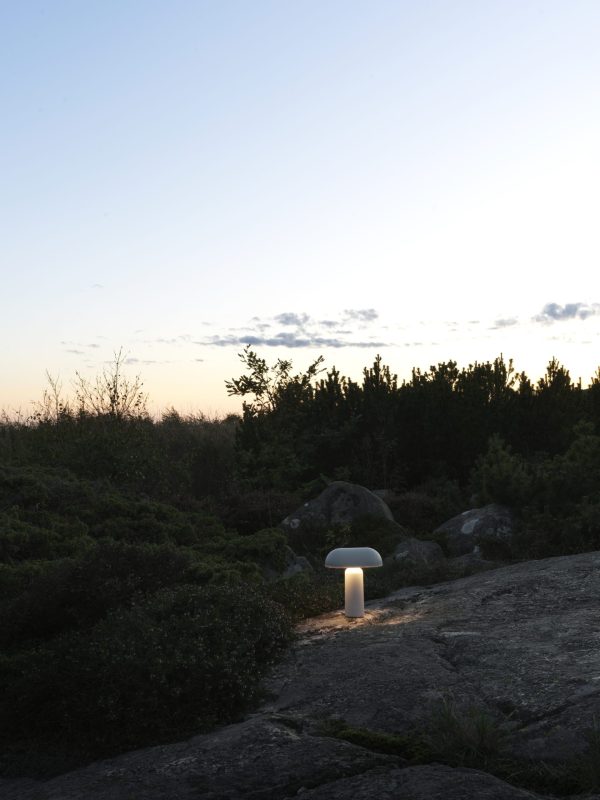 En moderne lampe placeret på en stenet grund blandt buske, oplyst mod en skumringshimmel. Den nedgående sol kaster et blødt lys, fremhæver de naturlige omgivelser og forstærker interiørdesignet.