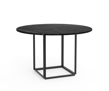 Et moderne rundt bord med en sort marmorplade og et minimalistisk sort metalstel, designet som eksklusiv designmøbler, isoleret på en hvid baggrund.