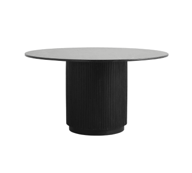 Et rundt, moderne bord med en ribbet cylindrisk base og en glat plade, præsenteret mod en almindelig hvid baggrund. Bordet, der overvejende er sort i farven, indbefatter essensen af TomorrowsDesign.