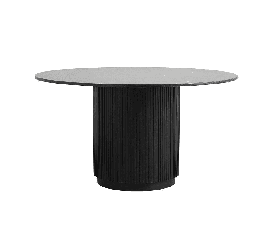 Et rundt, moderne bord med en ribbet cylindrisk base og en glat plade, præsenteret mod en almindelig hvid baggrund. Bordet, der overvejende er sort i farven, indbefatter essensen af TomorrowsDesign.