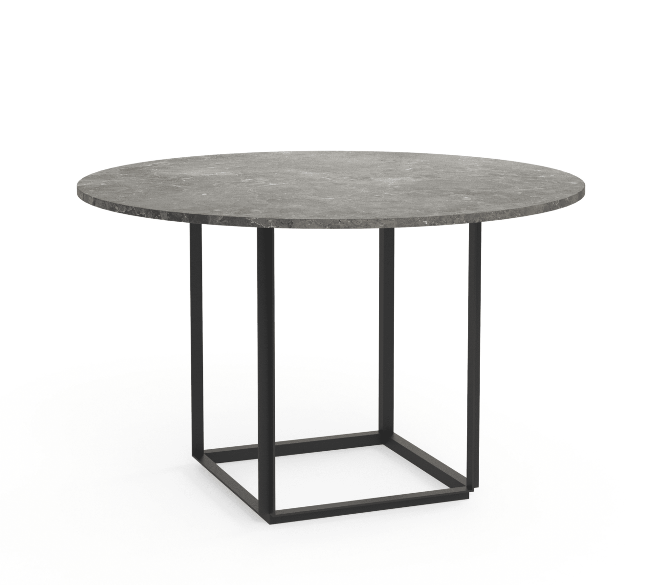 Et rundt bord med en mørkegrå betonplade og en minimalistisk sort metalbund, placeret på en almindelig hvid baggrund. Dette stykke er indbegrebet af moderne design.