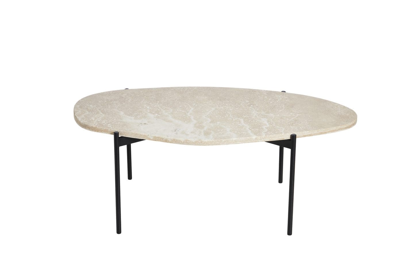 En oval bordplade af lyst marmoreret materiale understøttet af to sorte metalben, vist på en hvid baggrund, er en klassisk designermøbel.