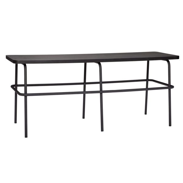 Et moderne sort konsolbord med en slank, rektangulær plade og en minimalistisk metalramme med to niveauer, designet til funktionalitet og interiørstil.
