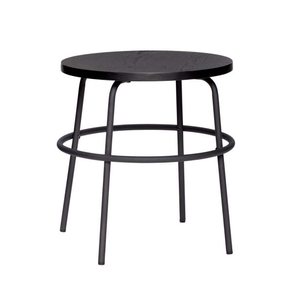 En sort, rund HÜBSCH - Askskænk i træ med minimalistisk metalramme på hvid baggrund.