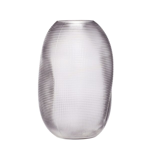 En høj HÜBSCH - Ballonvase med en struktureret overflade og en smal åbning, med et fint, mesh-lignende mønster overalt, vist på en hvid baggrund.