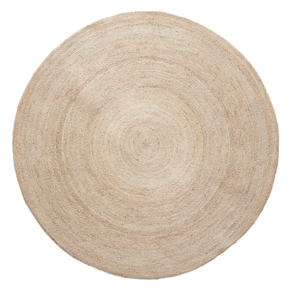 Et rundt jute tæppe med en naturlig beige farve, med et koncentrisk cirkulært design set fra oven.