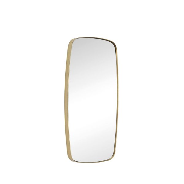 A HÜBSCH - Retro Spejl, lodret spejl i fuld længde med en minimalistisk, smal guldramme på en almindelig hvid baggrund. Spejlet reflekterer ingen billeder og viser dets slanke og enkle design.