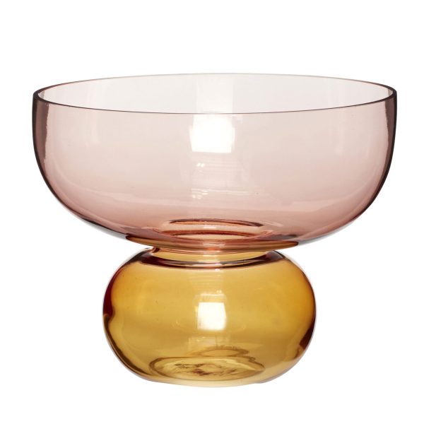En dekorativ HÜBSCH - Show Vase med en bred, gennemsigtig pink kant og en løgformet gul base, isoleret på en hvid baggrund. vasen er tom og fremstår glat og blank.