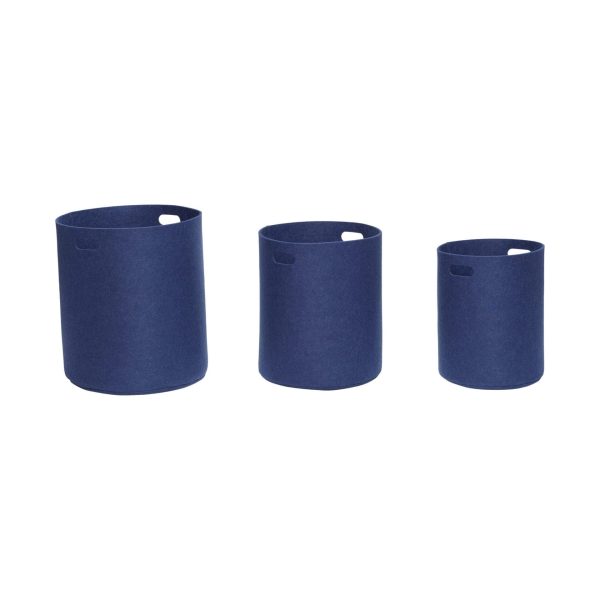 Tre HÜBSCH - Filt Kurve (sæt af 3) cylindriske filtopbevaringskurve af varierende størrelse, hver med et håndtag, anbragt på række mod en hvid baggrund.