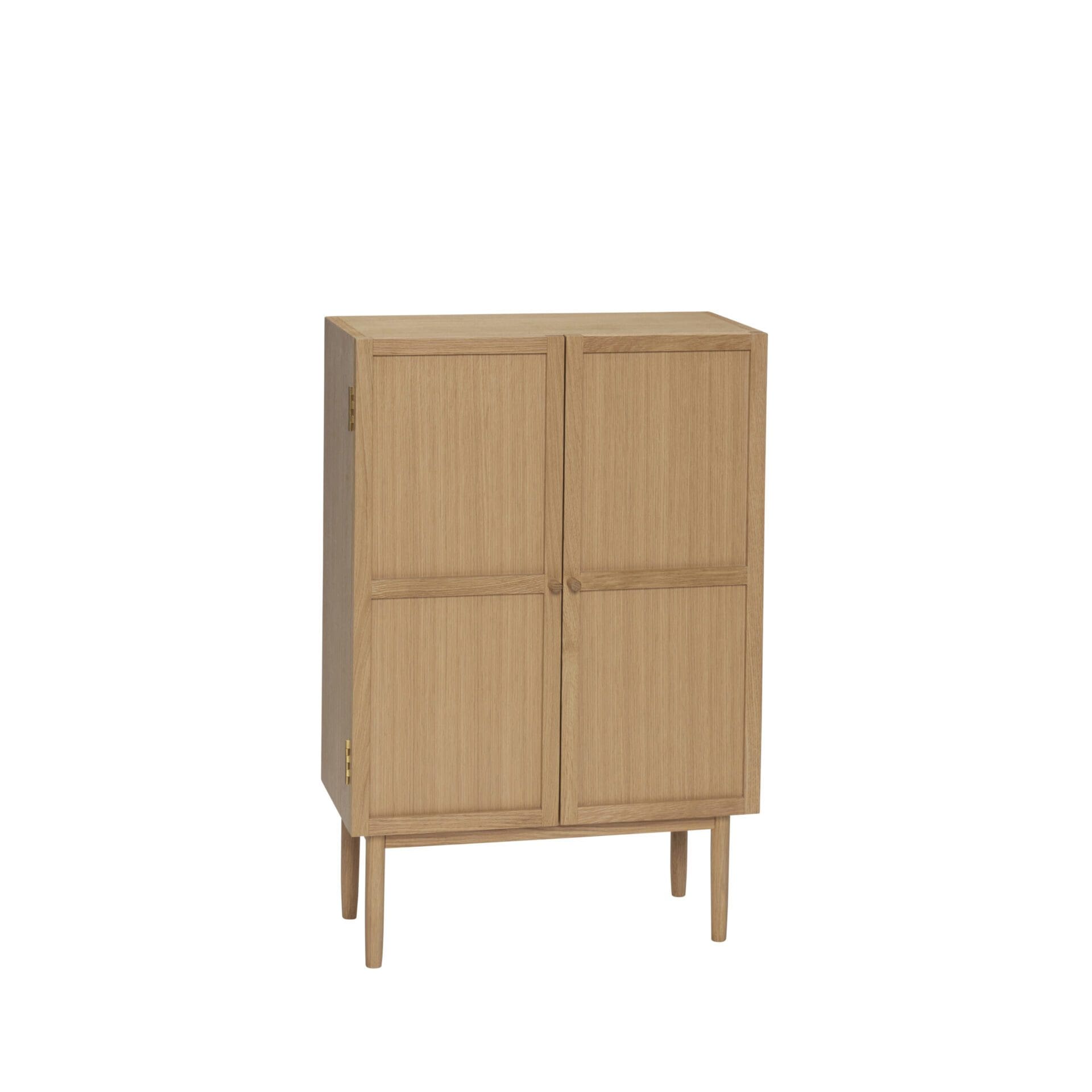 Et moderne opbevaringsskab i lyst træ med to låger og fire vinklede ben, med et Tomorrows-design, isoleret på en hvid baggrund.