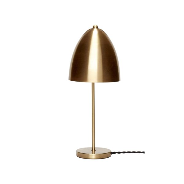 En HÜBSCH - Cap Bordlampe med en konisk skærm og en slank stilk, stående på en cirkulær base. Lampen har sort strømledning.