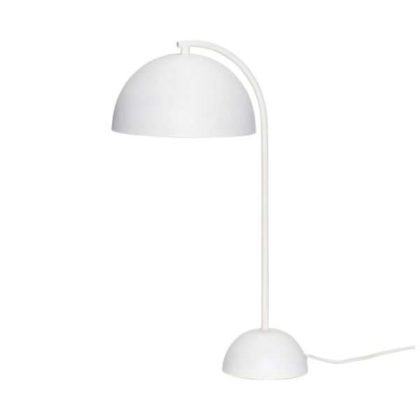 A HÜBSCH - Form Bordlampe med en buet hals og en kuppelformet skærm, sat mod en hvid baggrund. Lampen har et minimalistisk design og inkluderer en synlig strømledning.
