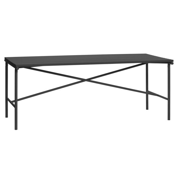 Et sort rektangulært bord med en metalramme med et x-formet støttedesign. Bordet har et slankt, moderne look, der er velegnet til forskellige interiører.