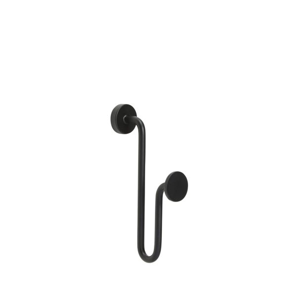 En HÜBSCH - Swing Krog Sort (2 stk.) med et enkelt, buet design, bestående af to cirkulære monteringspunkter og en udadgående j-formet krog, isoleret på en hvid baggrund.