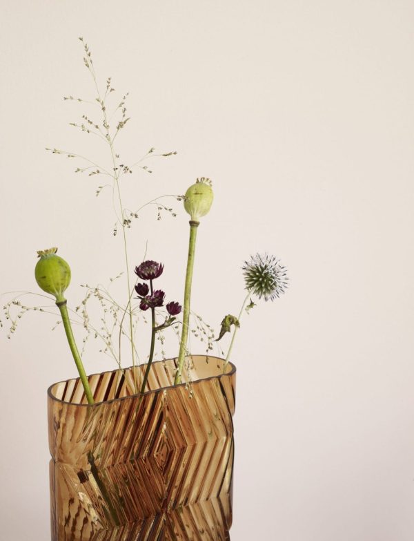 En række tørrede planter, inklusive valmuefrøhoveder og sarte græsser, arrangeret i en HÜBSCH Ivy Vase mod en lys pink baggrund.