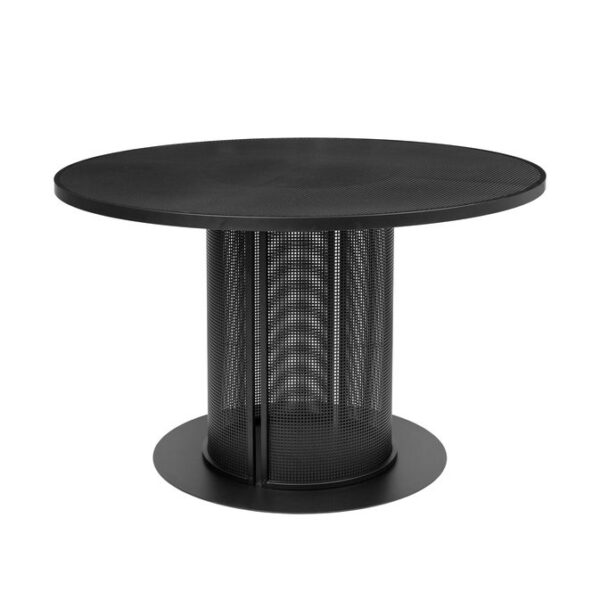 Et moderne, rundt, sort metalbord med en tekstureret mesh-krop og en solid plade fra Tomorrowsdesign, isoleret på en hvid baggrund.