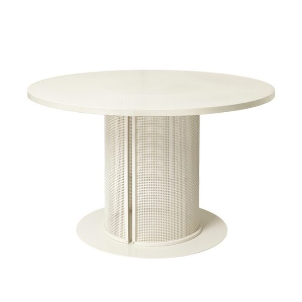 Et moderne rundt hvidt bord med en perforeret midtersøjle, sat mod en almindelig hvid baggrund, repræsenterer banebrydende Tomorrows-design-æstetik.