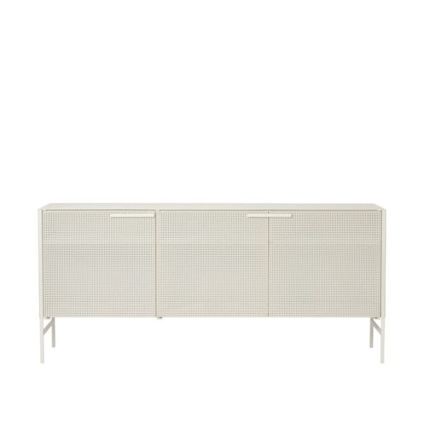 En moderne beige skænk med facade af metalnet og tynde ben, med tre rum med skydelåger. Dette stykke er fra TomorrowsDesign, der udtrykker minimalistisk æstetik og en neutral farvepalet.