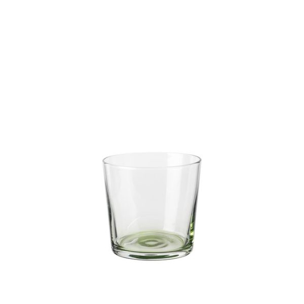 En klar glasglas med en tyk base, placeret mod en hvid baggrund, nBROSTE COPENHAGEN - 'Hue' Drikkeglas fremstår tomt og rent, og reflekterer lyset subtilt.