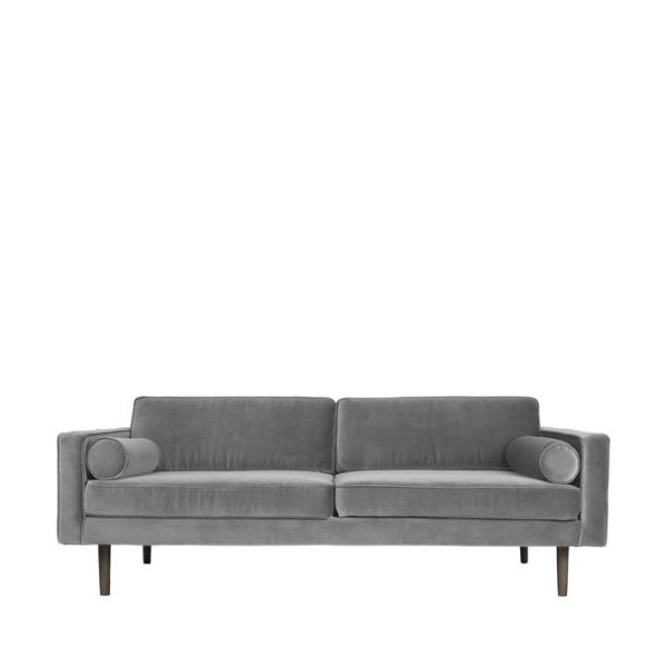 En minimalistisk grå sofa med to sædehynder og cylindriske armlæn, sat mod en almindelig, lys baggrund. Sofaen, et stykke designmøbler, står på fire slanke, mørke ben