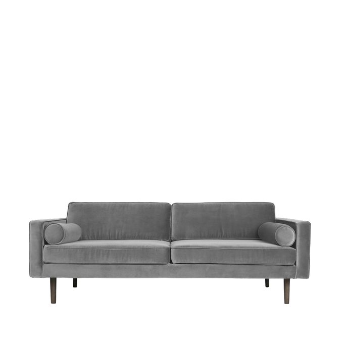 En minimalistisk grå sofa med to sædehynder og cylindriske armlæn, sat mod en almindelig, lys baggrund. Sofaen, et stykke designmøbler, står på fire slanke, mørke ben