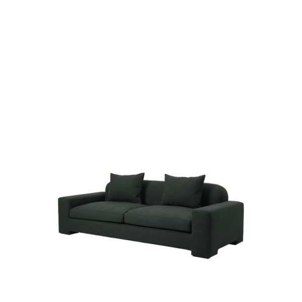 En moderne mørkegrå sofa med minimalistisk design, med to store sædehynder og to mindre rygpuder, isoleret på en hvid baggrund. Dette stykke er perfekt til at forbedre ethvert moderne interiør.