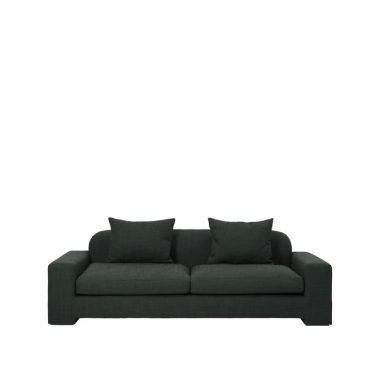 En moderne mørkegrå sofa med et enkelt, rent design, med to store sædehynder og to matchende rygpuder, isoleret på en hvid baggrund. Ideel til moderne indretningstemaer.