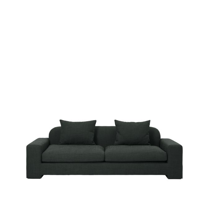 En moderne mørkegrå sofa med et enkelt, rent design, med to store sædehynder og to matchende rygpuder, isoleret på en hvid baggrund. Ideel til moderne indretningstemaer.