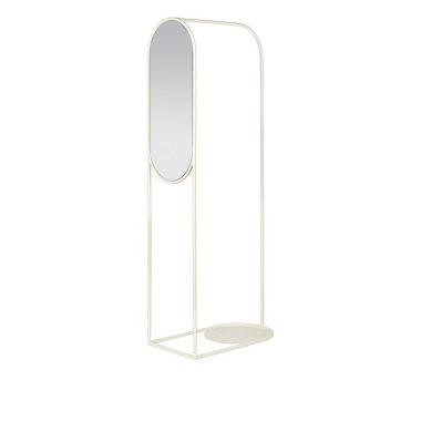 Et moderne spejl i fuld længde med et slankt, ovalt design og en minimalistisk hvid metalramme, understøttet af en afrundet bund. Spejlet står oprejst mod en almindelig hvid baggrund og inkarnerer essensen af