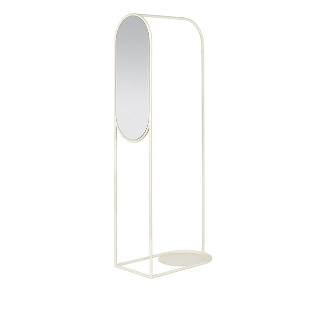 Et moderne spejl i fuld længde med et slankt, ovalt design og en minimalistisk hvid metalramme, understøttet af en afrundet bund. Spejlet står oprejst mod en almindelig hvid baggrund og inkarnerer essensen af