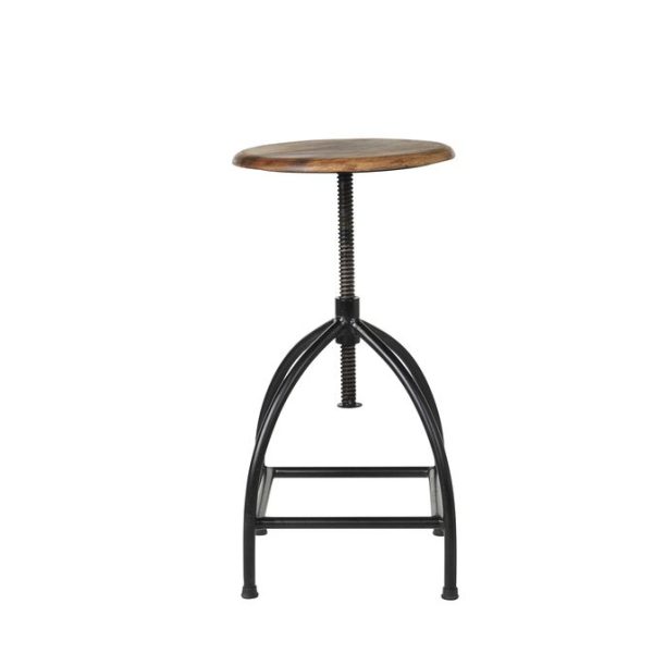 En justerbar skammel med et cirkulært træsæde og ben i sort metal i industriel stil, med en central skruemekanisme til højdejustering, har et unikt design, isoleret på en hvid baggrund.