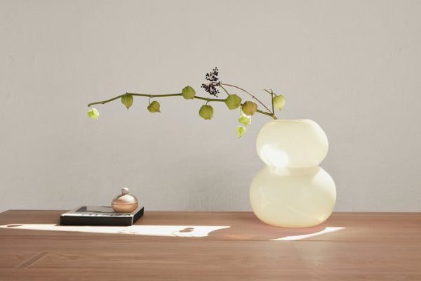 En minimalistisk interiørscene med en moderne, blank, hvid vase med en elegant gren af grønne blade og sorte bær på et træbord. Ved siden af er en lukket bog og en lille sfærisk