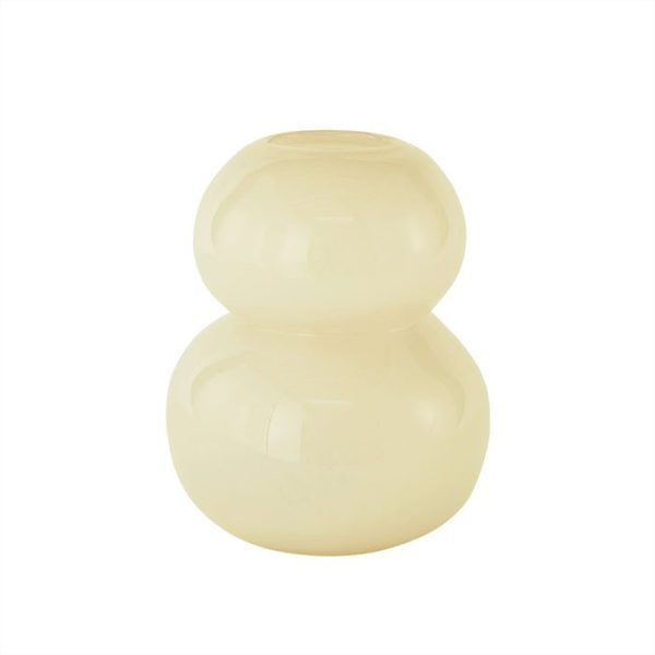 En enkel, dobbeltstablet, sfærisk elfenbensvase isoleret på en hvid baggrund. Denne moderne, minimalistiske vase har en glat, blank finish uden synlige dekorationer og inkarnerer morgendagens designæstetik.