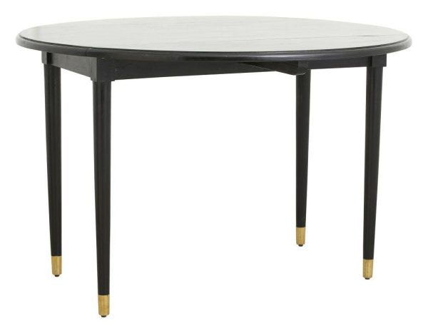 Et rundt bord med en hvid bordplade og sorte ben, hver med gulddetaljer, isoleret på en hvid baggrund, er et eksempel på udsøgte designmøbler.