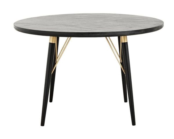 Et rundt bord med en tekstureret grå plade og tre sorte ben accentueret med guldkant ved leddene, med et moderne design, placeret på en hvid baggrund.