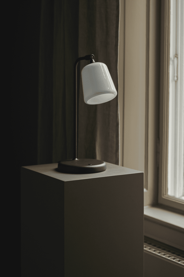 Et moderne NYT VÆRK - Materiale Bordlampe med hvid skærm og sort stativ er placeret på en mørkegrå terning ved siden af et gardinvindue, der kaster et blødt lys i et svagt oplyst rum.