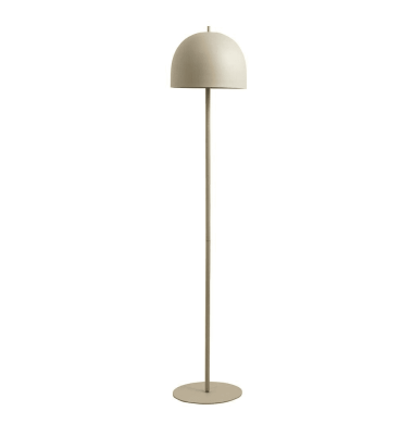 En minimalistisk gulvlampe med en rund, flad base, en slank lodret stang og en glat, kuppelformet skærm, alt sammen udført i en mat beige farve. Dette stykke legemliggør moderne interiørdesign.