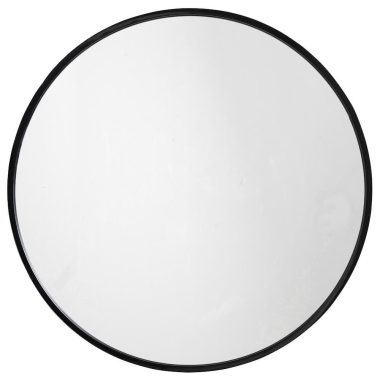 Et enkelt rundt spejl med en tynd sort ramme, isoleret på en hvid baggrund. Spejloverfladen er glat og reflekterer lyset jævnt, hvilket understreger dets rene og minimalistiske design, ideel til TomorrowsDesign tilgange til interiør.