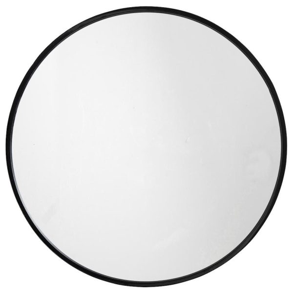 Et enkelt rundt spejl med en tynd sort ramme, isoleret på en hvid baggrund. Spejloverfladen er glat og reflekterer lyset jævnt, hvilket understreger dets rene og minimalistiske design, ideel til TomorrowsDesign tilgange til interiør.