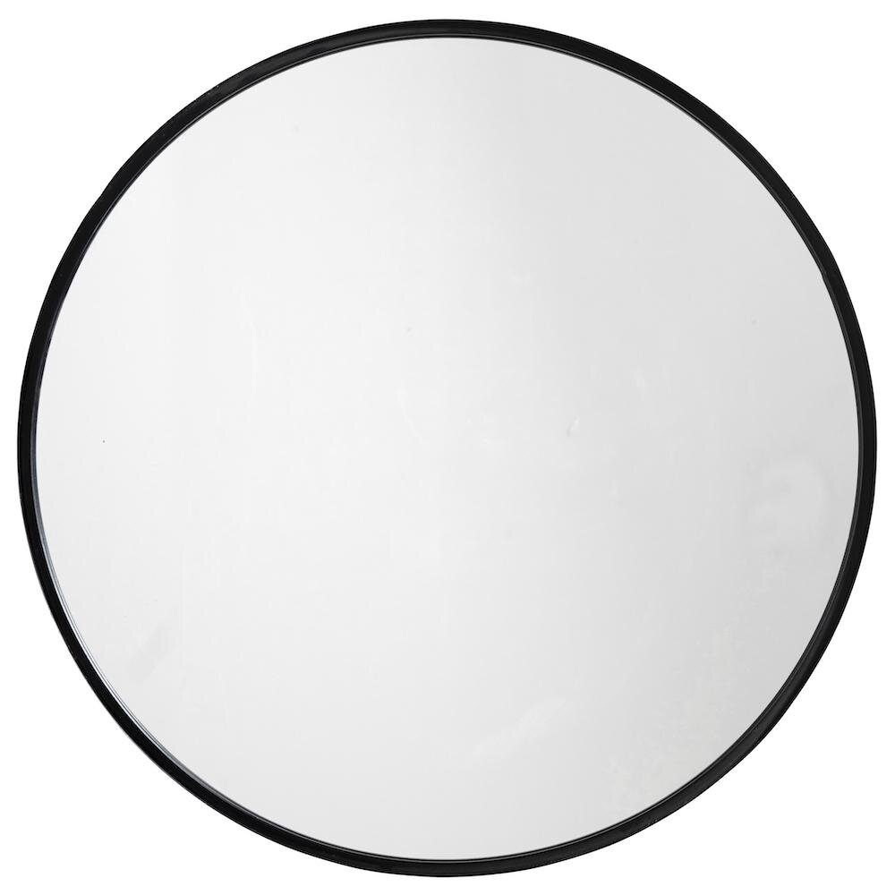 Et enkelt rundt spejl med en tynd sort ramme, isoleret på en hvid baggrund. Spejloverfladen er glat og reflekterer lyset jævnt, hvilket understreger dets rene og minimalistiske design, ideel til TomorrowsDesign tilgange til interiør.