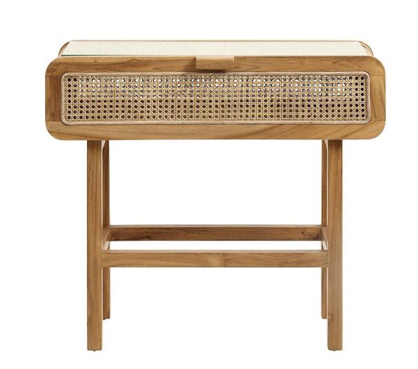 Et konsolbord i træ med en rattan-detaljeret skuffe, understøttet af fire slanke, tilspidsede ben. Bordet har en subtil, naturlig træfinish og tilbyder et TomorrowsDesign, men alligevel klassisk design.